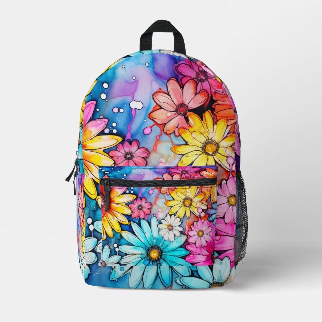 Cute Abstract Daisy Flower Art Printed Backpack (Front)