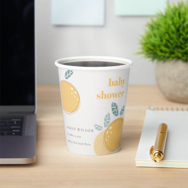 Cute Abstract Lemon Citrus Fruity Bold Baby Shower Paper Cups (Insitu)