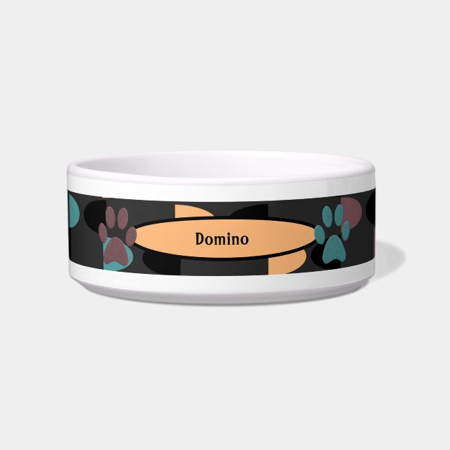 Cute Abstract Patterned Pet Bowl with Paws (Front)