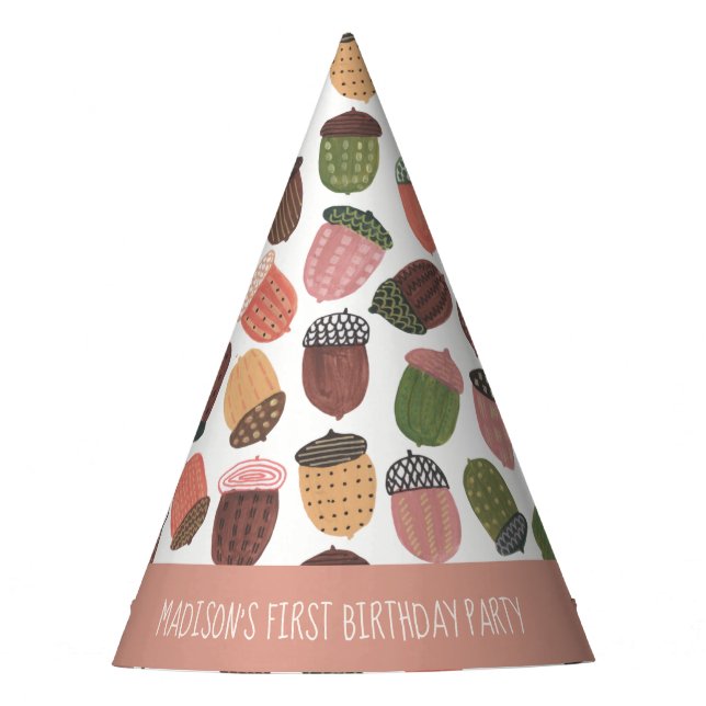 Cute Acorn Girl First Birthday pink Party Hat (Front)