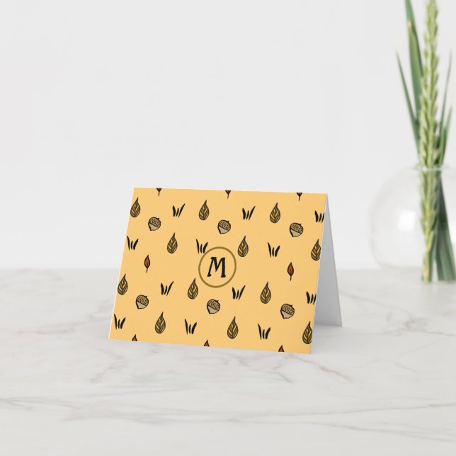 Cute Acorns and Fall Leaves Pattern with Monogram  Note Card (Front)