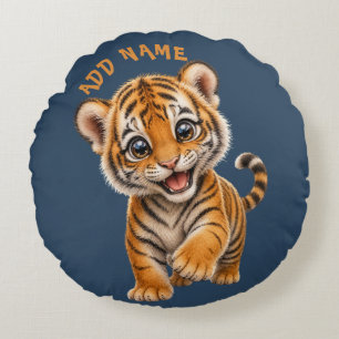 Cute Active Baby Animal Collection Tiger Blue Round Cushion