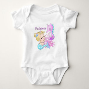 Cute add name baby mermaid seahorse unicorn bodysuit