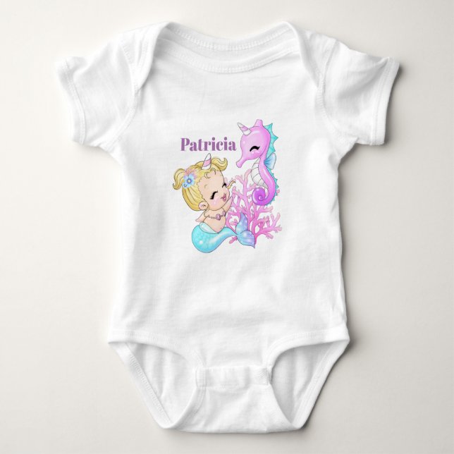 Cute add name baby mermaid seahorse unicorn bodysuit (Front)