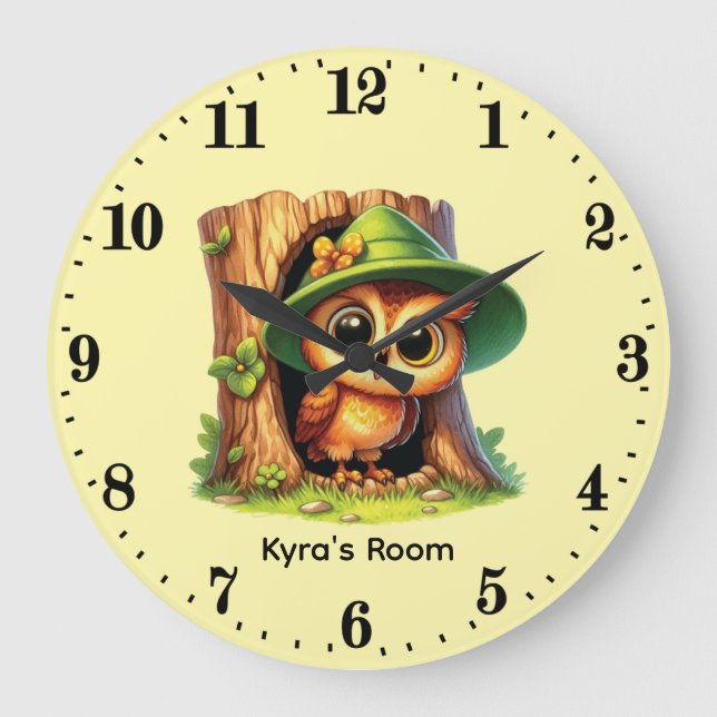 Cute add name baby owl Nursery Large Clock (Front)