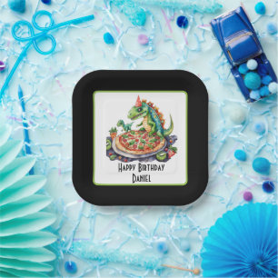 Cute add name pizza dinosaur party  paper plate