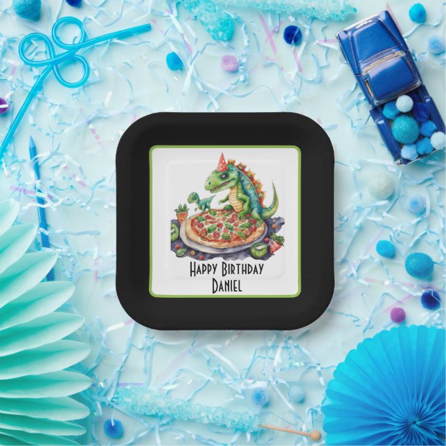 Cute add name pizza dinosaur party  paper plate (Party)