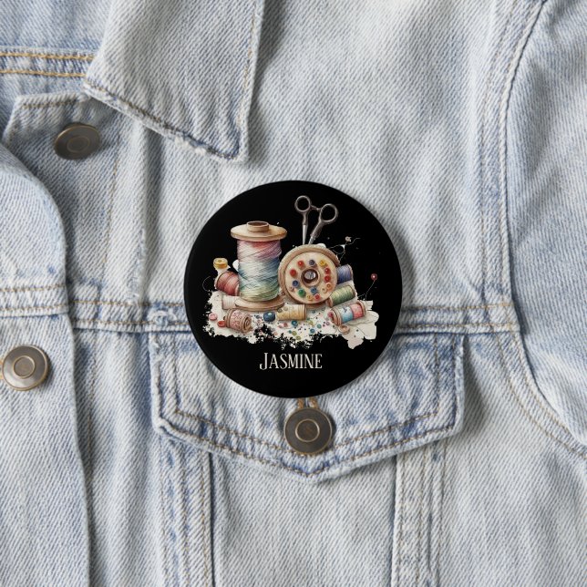 Cute add name sewing lovers 7.5 cm round badge (In Situ)