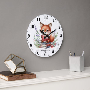 Cute add text fox reading lovers large clock
