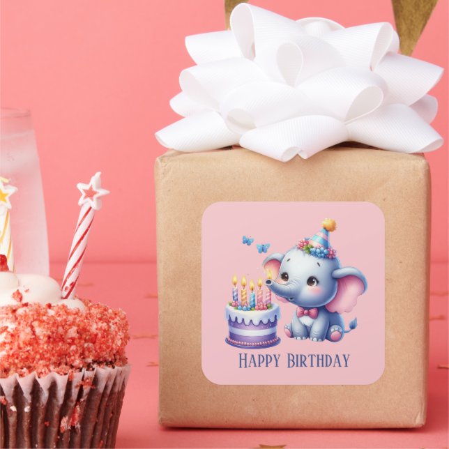 Cute add text Happy Birthday girl elephant Square Sticker (Party)