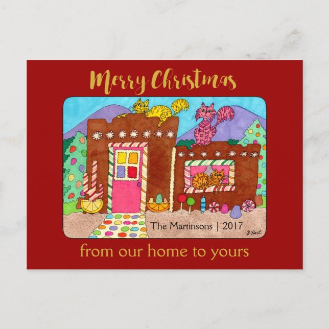 Cute Adobe Gingerbread House & Cats Christmas Holiday Postcard (Front)