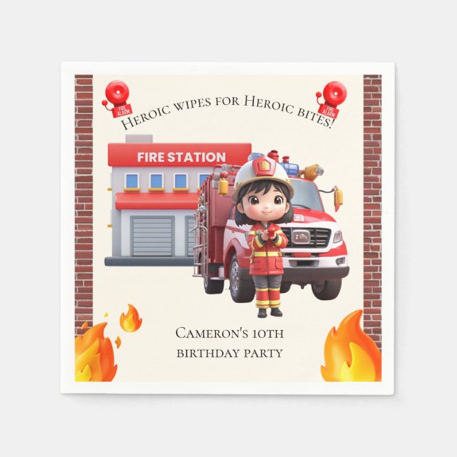Cute Adorable 3D Firefighter Girl with Fire Truck Napkin (Front)