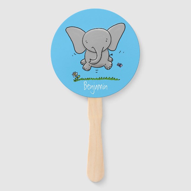 Cute adorable baby elephant cartoon illustration hand fan (Front)