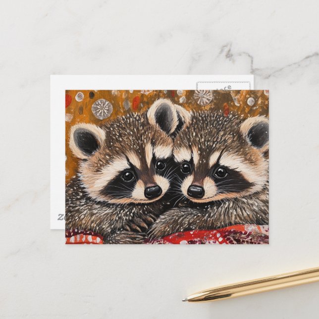 Cute Adorable Baby Raccoons on Red Blanket Postcard (Front/Back In Situ)