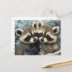 Cute Adorable Baby Raccoons Winter Snow Postcard