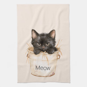 Cute Adorable Black Cat in Bucket Tea Towel