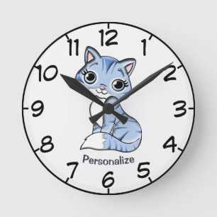 Cute & Adorable Blue Kitten Cartoon Personalise Round Clock