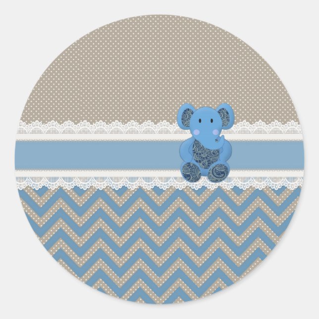 Cute adorable blue Paisleys elephant white lace Classic Round Sticker (Front)
