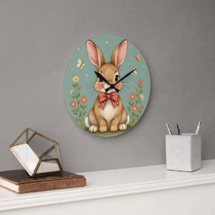 Cute adorable brown bunny with bow tie large clock