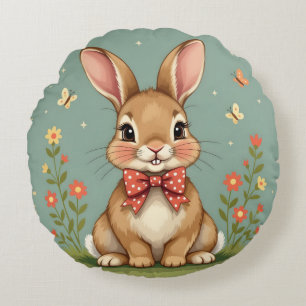 Cute adorable brown bunny with bow tie round cushion