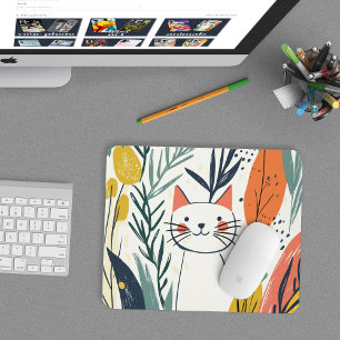 Cute Adorable Cat in a Garden Illustration Mouse Pad