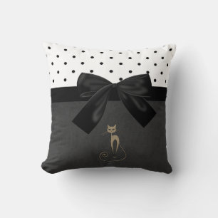 Cute Adorable Cat ,Polka Dots,Black Bow Cushion