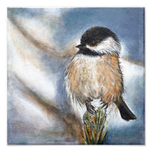 Cute Adorable Chickadee Winter Painting Photo Print