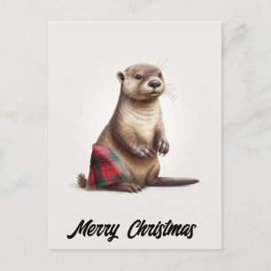 Cute Adorable Christmas Otter in Plaid Holiday Postcard