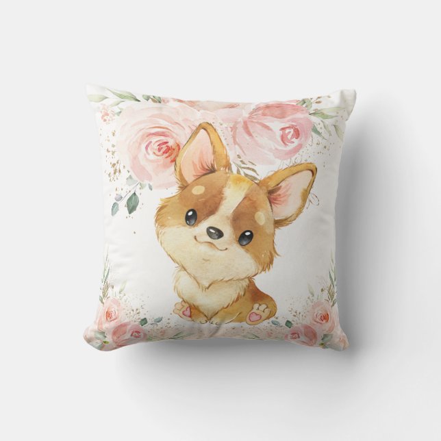 Cute Adorable Corgi Dog Blush Pink Floral Girl Cushion (Front)