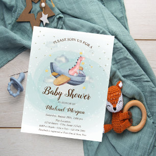 Cute Adorable Dino Aeroplane Stars Baby Shower Invitation