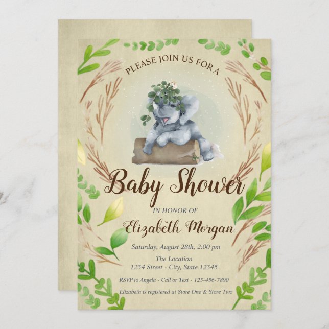 Cute Adorable Elephant Leaves Invitation (Front/Back)