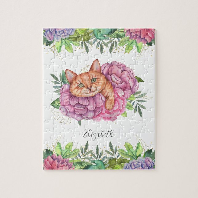 Cute Adorable Floral Cat Name Jigsaw Puzzle (Vertical)
