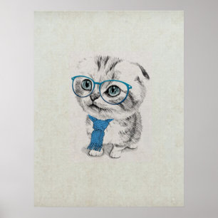 Cute adorable funny trendy kitten animal sketch poster