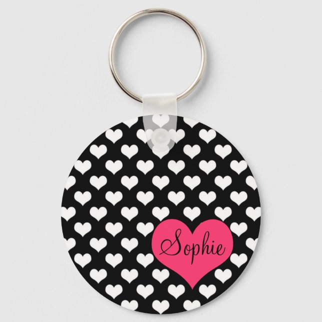Cute adorable girly black and white hearts pattern key ring (Front)
