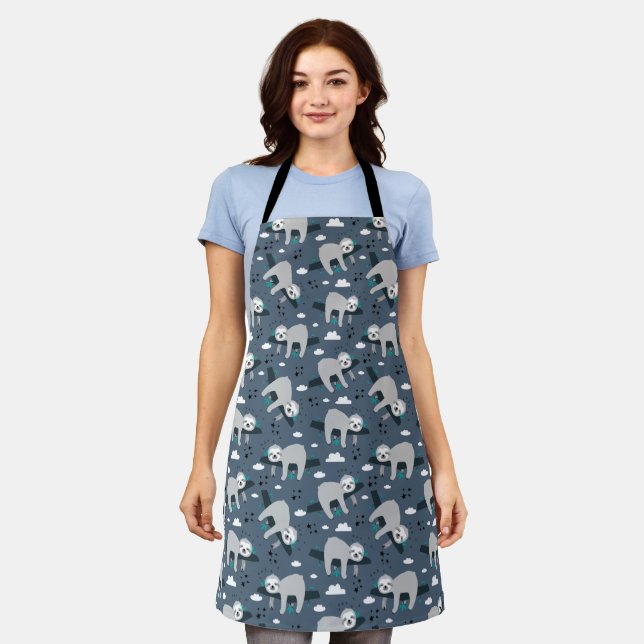cute adorable gray sloth pattern blue background apron (Worn)
