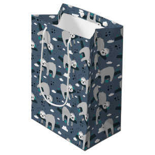 cute adorable grey sloth pattern blue background medium gift bag
