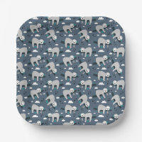 cute adorable grey sloth pattern blue background