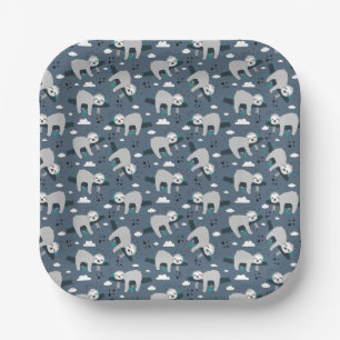 cute adorable grey sloth pattern blue background paper plate