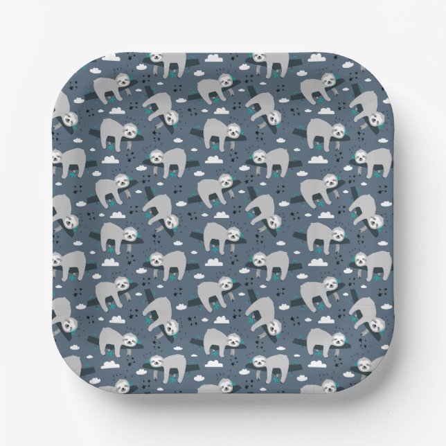 cute adorable grey sloth pattern blue background paper plate (Front)