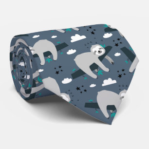 cute adorable grey sloth pattern blue background tie