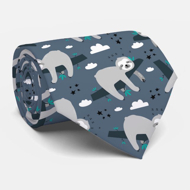 cute adorable grey sloth pattern blue background tie (Rolled)