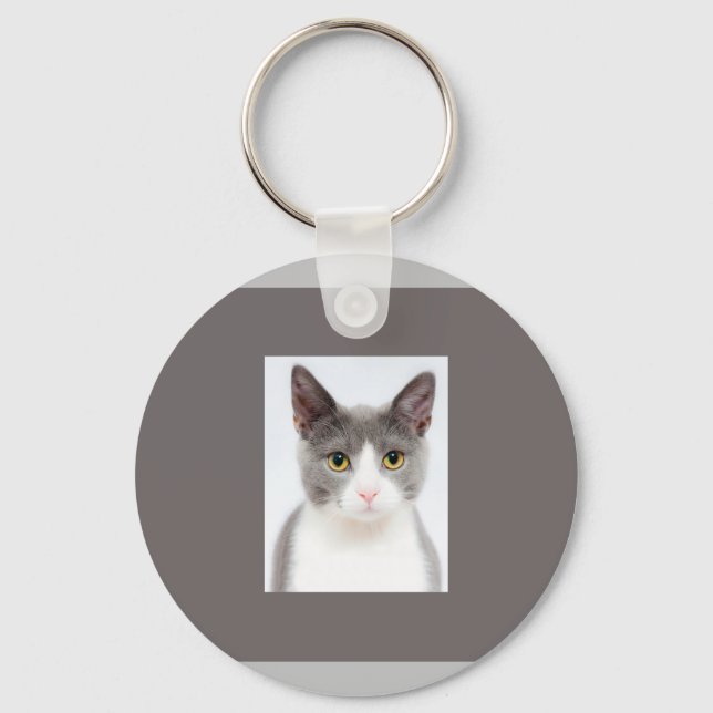 Cute Adorable Grey White Cat Kitty Key Ring (Front)