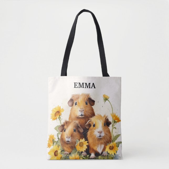 Cute Adorable Guinea Pigs with Flowers Custom Name Tote Bag (Front)