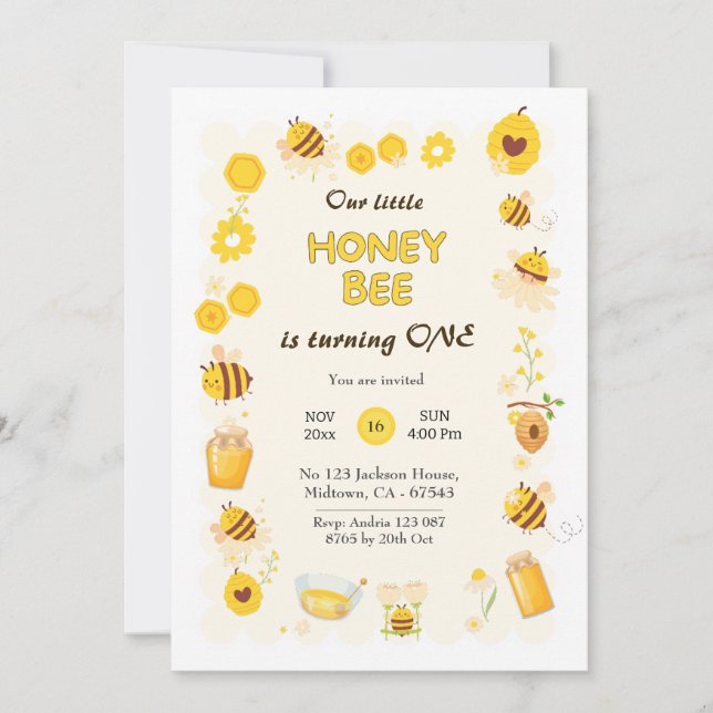 Cute adorable Honey Bee themed 1st birthday Invitation (Front)
