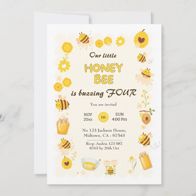 Cute adorable Honey Bee themed 4th birthday Invitation (Front)