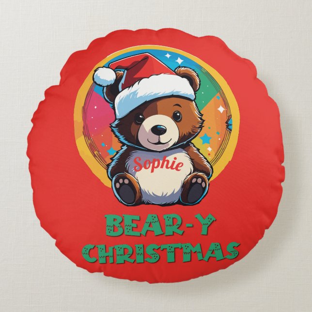 Cute Adorable Kawaii Chibi Bear-y Christmas Bear Round Cushion (Front)