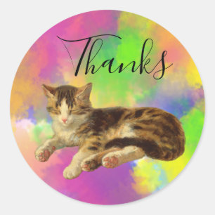 Cute Adorable Kitty Cat Thank You Abstract Rainbow Classic Round Sticker