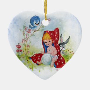 Cute adorable little boy, bunny and bird playing ceramic tree decoration