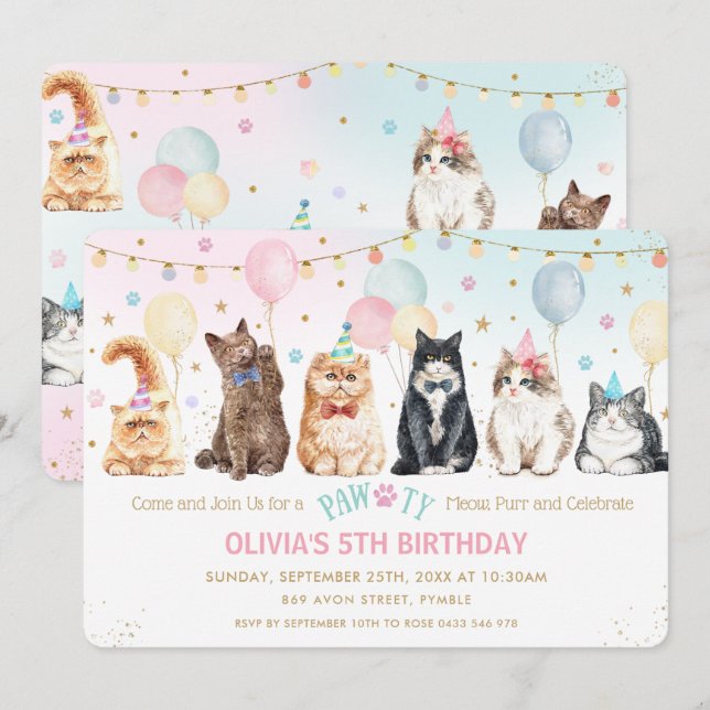 Cute Adorable Pawty Cats Balloons Birthday Party I Invitation (Front/Back)