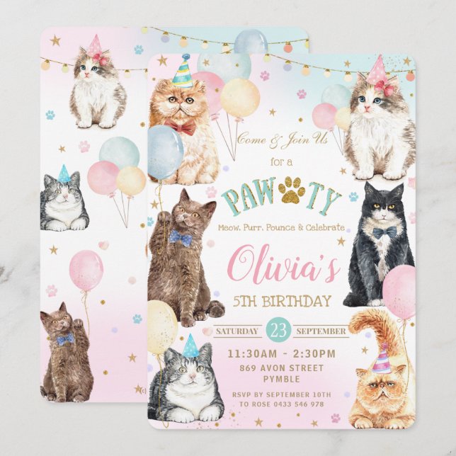 Cute Adorable Pawty Cats Balloons Birthday Party I Invitation (Front/Back)